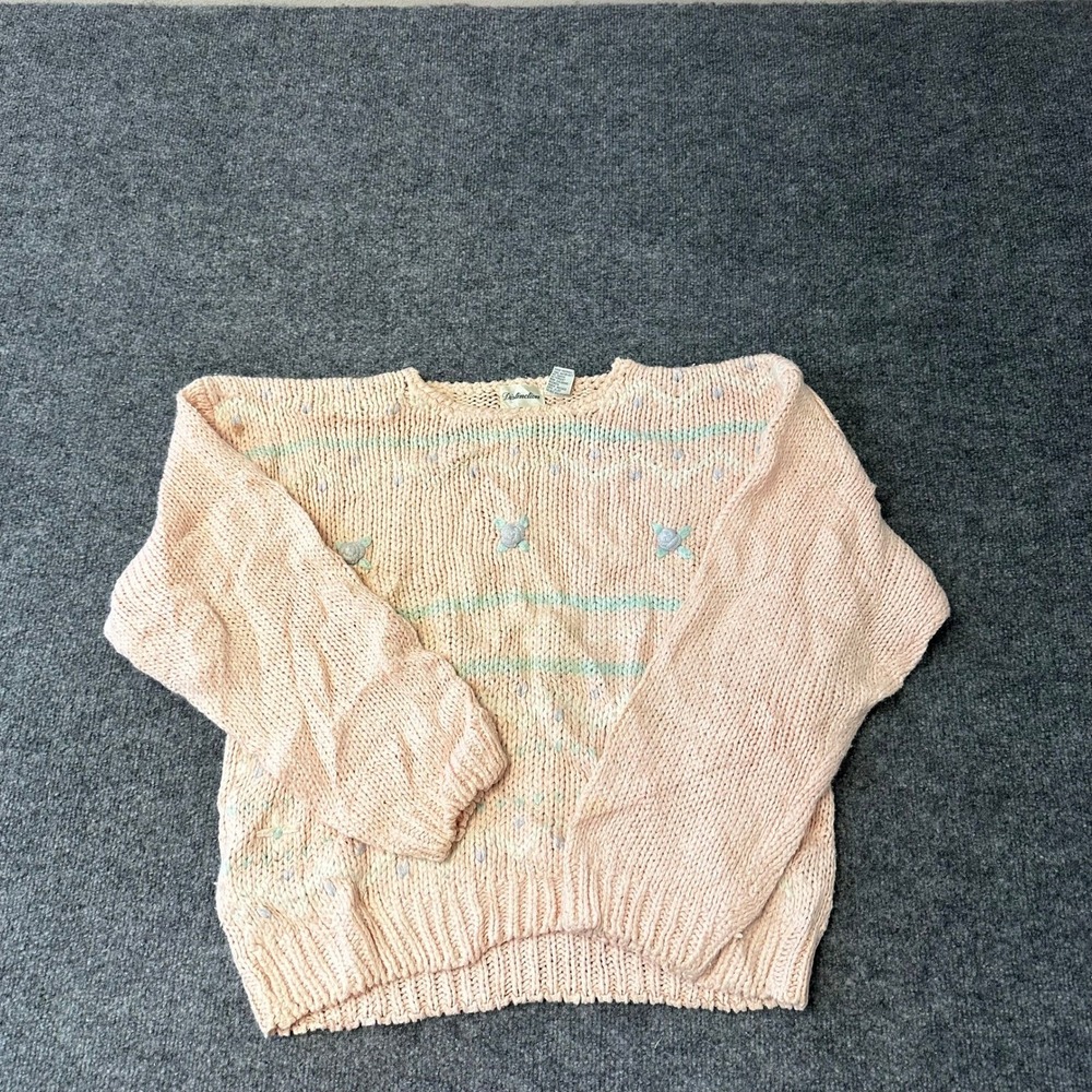 Distinction Sweater Womens Size M Pink Ramie Blend Chunky Knit Floral Vintage